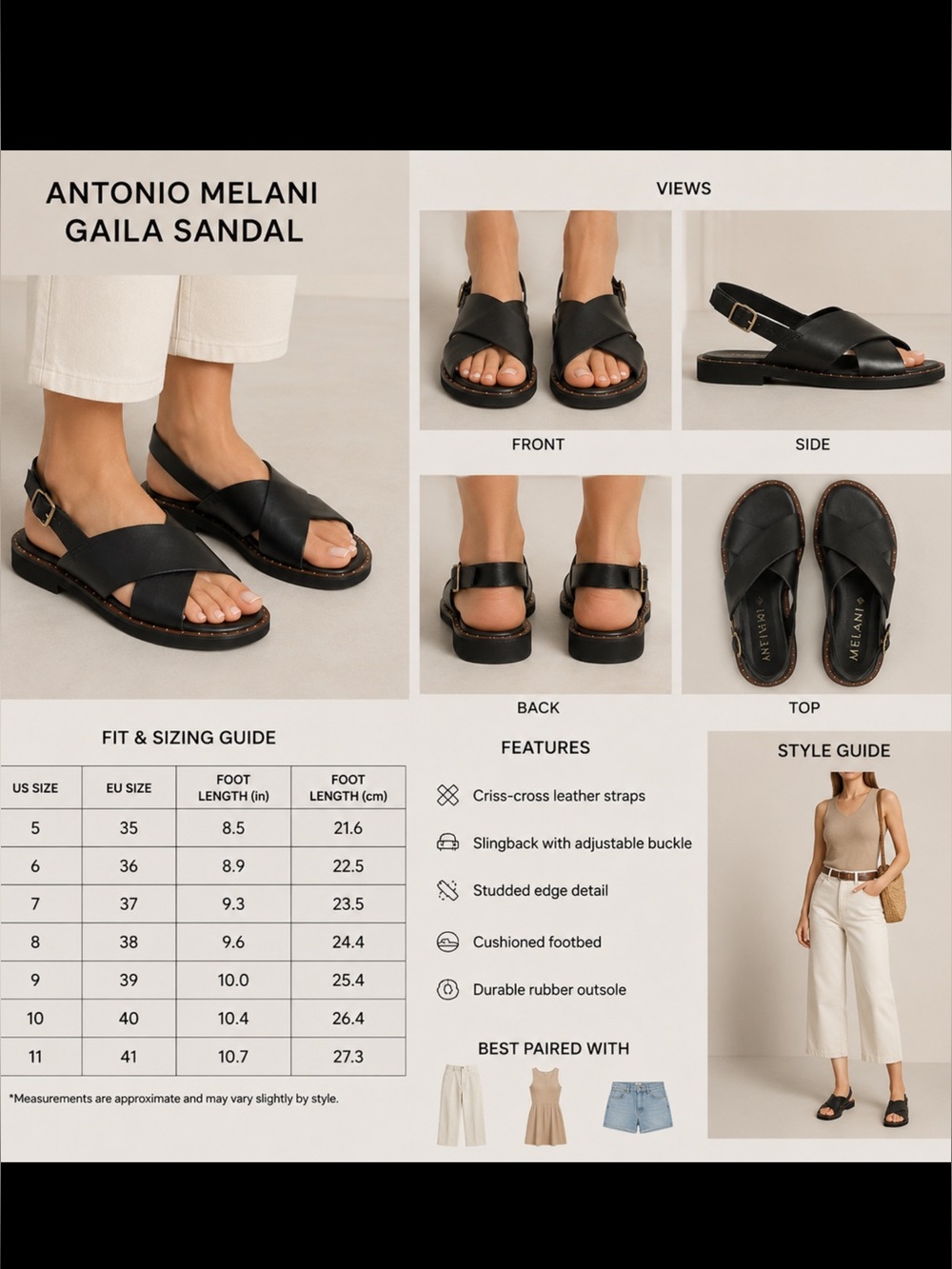 Antonio Melani Gaila Black Leather Sandals‎ with Ankle Strap & Buckle Size 9M